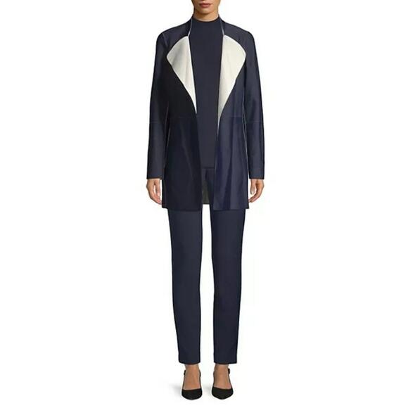 LKNW ST JOHN Nautical Alabaster Navy Reversible Leather Long Jacket Size 2 $2495 - Picture 2 of 9
